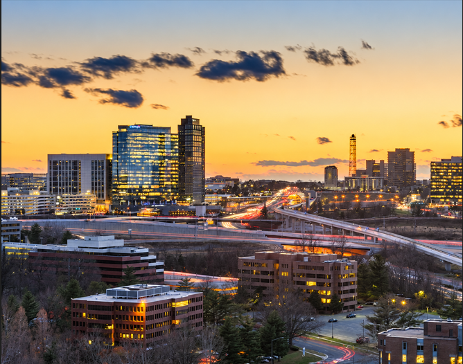 Tysons Corner Virginia skyline at dusk